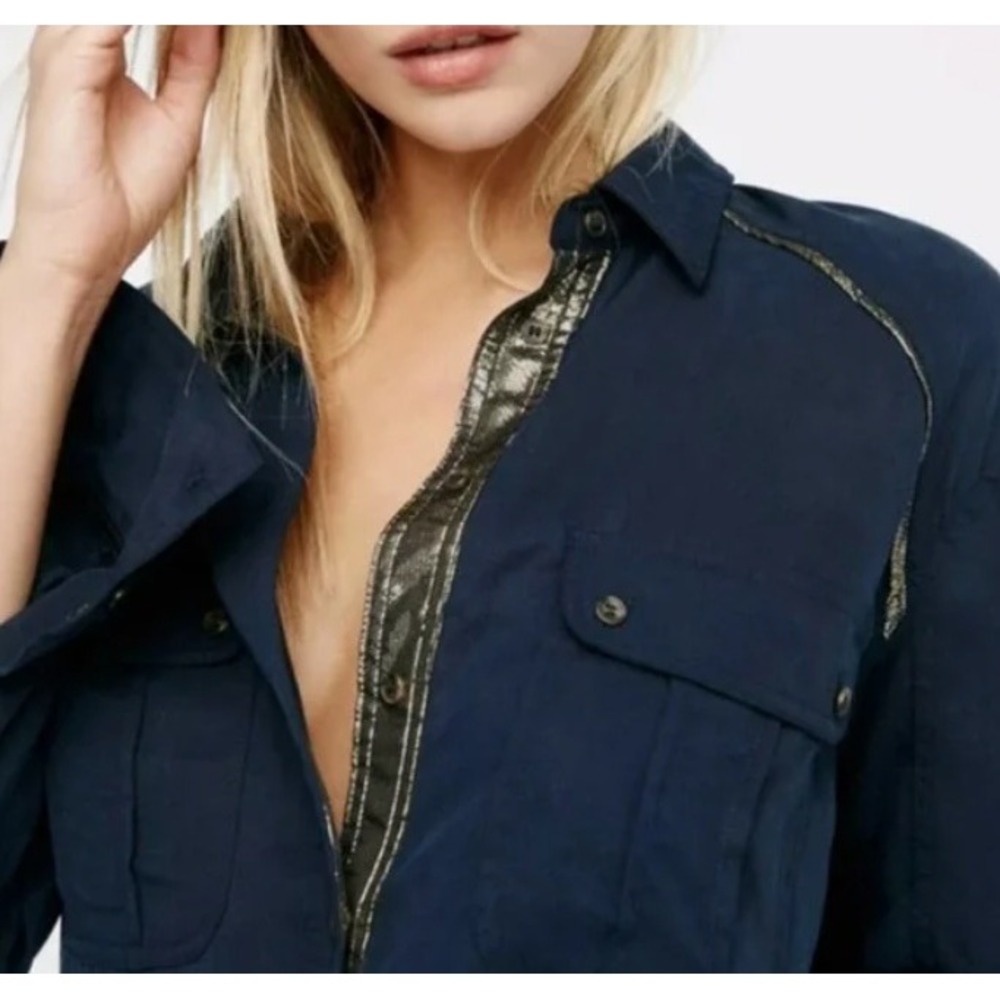 Free People Women's Off Campus Tencel Utility Shirt Gold Trim Button Down Blouse - Picture 5 of 10